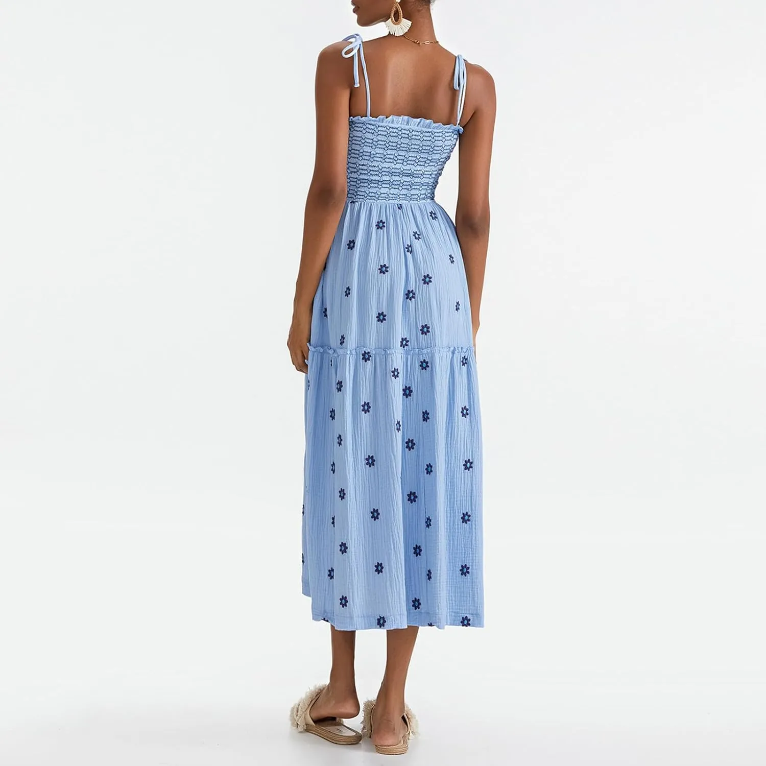 Boho Floral Embroidered Dress for Women Spaghetti Tie Strap Long Vacation Dress Casual Flowy Summer Maxi Sundresses