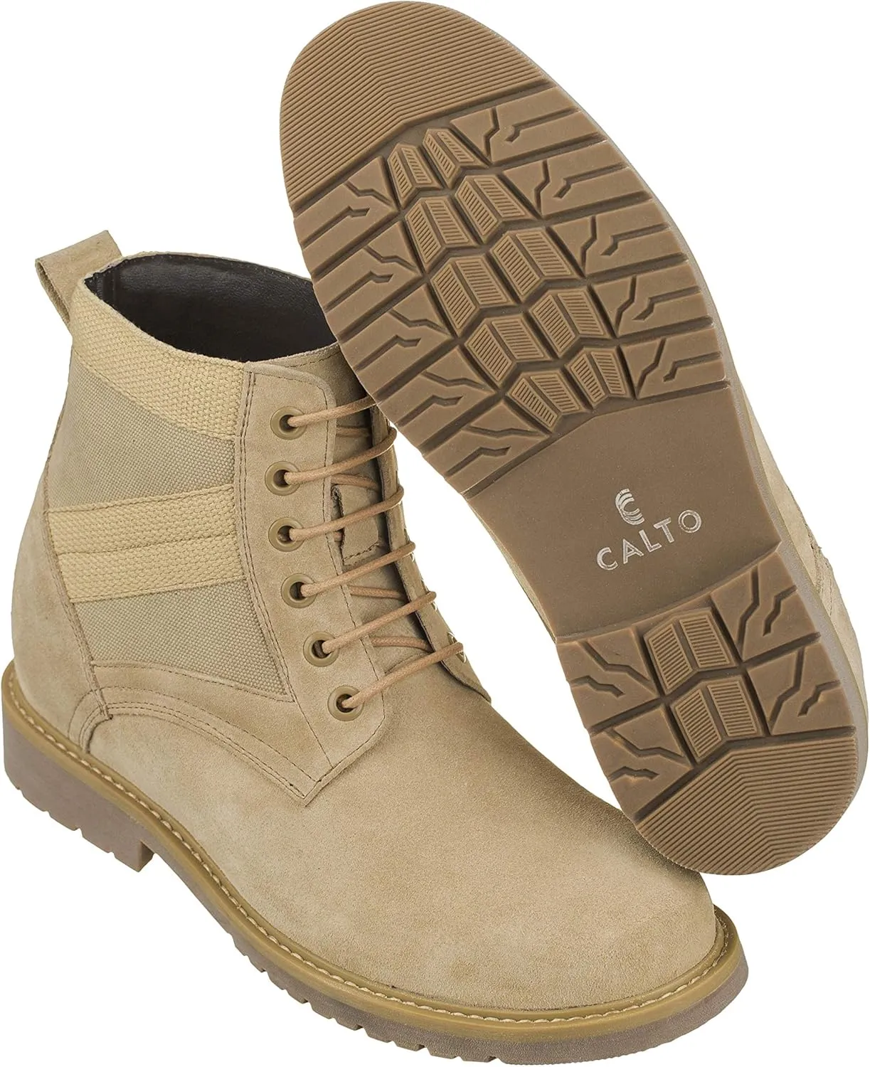 CALTO Men's Invisible Height Increasing Elevator Shoes - Desert Sand Suede Lace-up High-top Military Boots - 3.2 Inches Taller - S9012 - Size 7.5 D(M) US