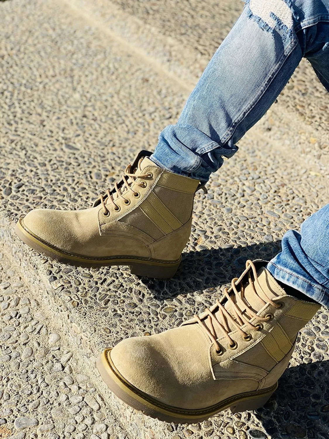 CALTO Men's Invisible Height Increasing Elevator Shoes - Desert Sand Suede Lace-up High-top Military Boots - 3.2 Inches Taller - S9012 - Size 7.5 D(M) US