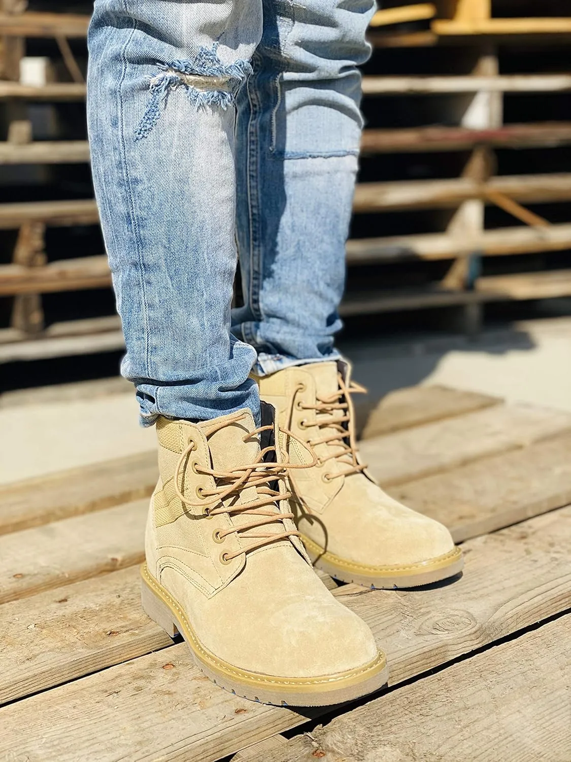 CALTO Men's Invisible Height Increasing Elevator Shoes - Desert Sand Suede Lace-up High-top Military Boots - 3.2 Inches Taller - S9012 - Size 7.5 D(M) US