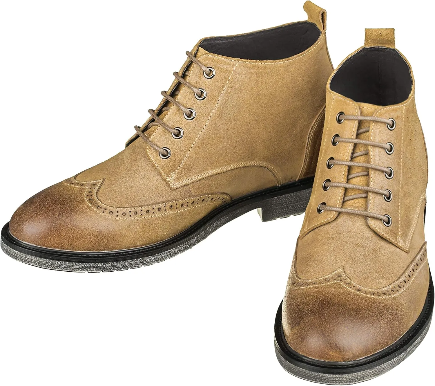 CALTO Men's Invisible Height Increasing Elevator Shoes - Light Brown Premium Leather Lace-up Lightweight Wing-tip Work Boots - 3 Inches Taller - S3652 - Size 8 D(M) US