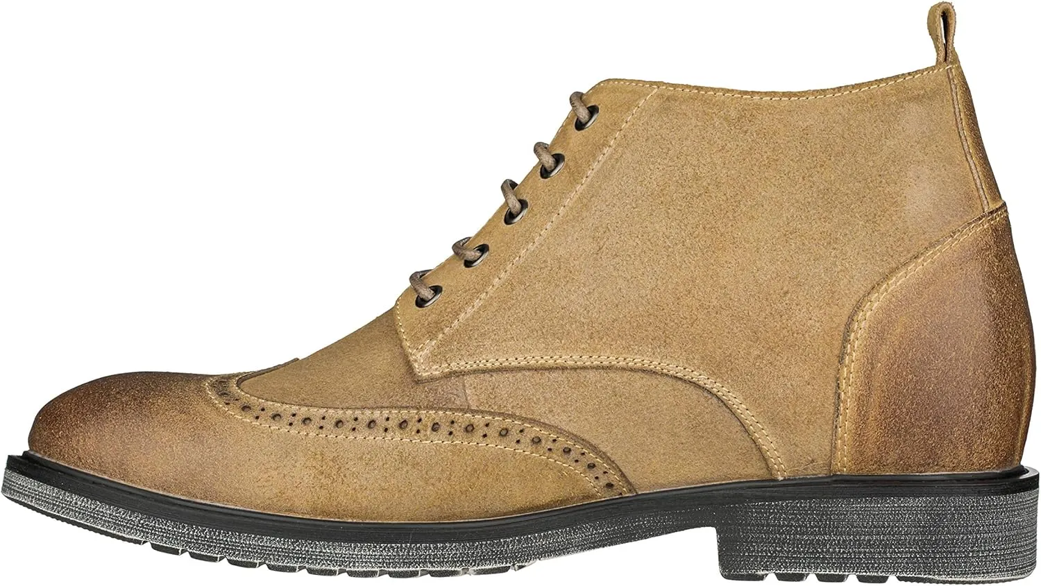 CALTO Men's Invisible Height Increasing Elevator Shoes - Light Brown Premium Leather Lace-up Lightweight Wing-tip Work Boots - 3 Inches Taller - S3652 - Size 8 D(M) US