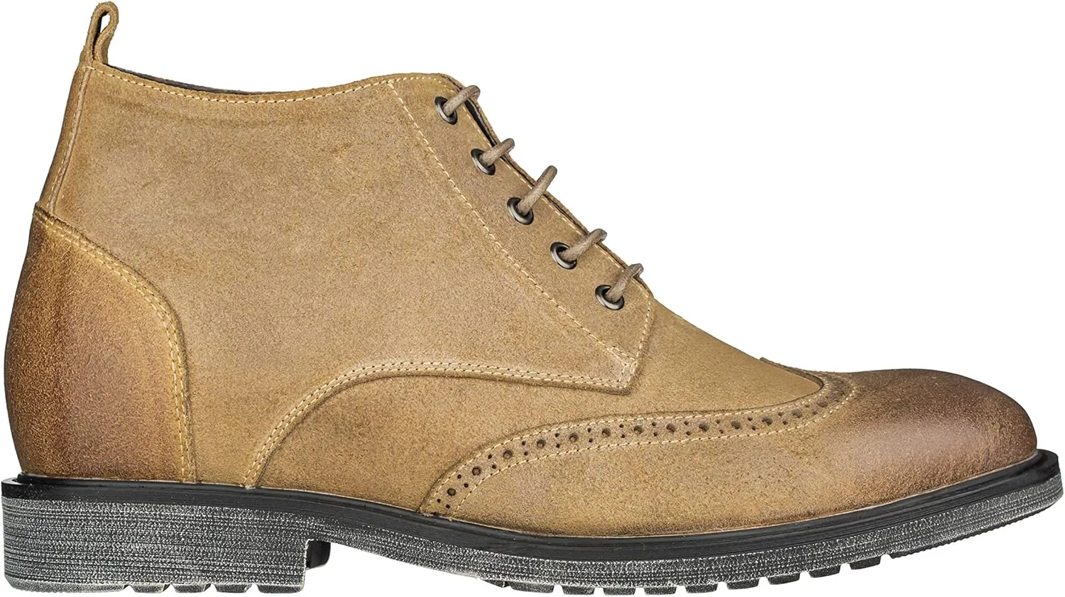 CALTO Men's Invisible Height Increasing Elevator Shoes - Light Brown Premium Leather Lace-up Lightweight Wing-tip Work Boots - 3 Inches Taller - S3652 - Size 8 D(M) US