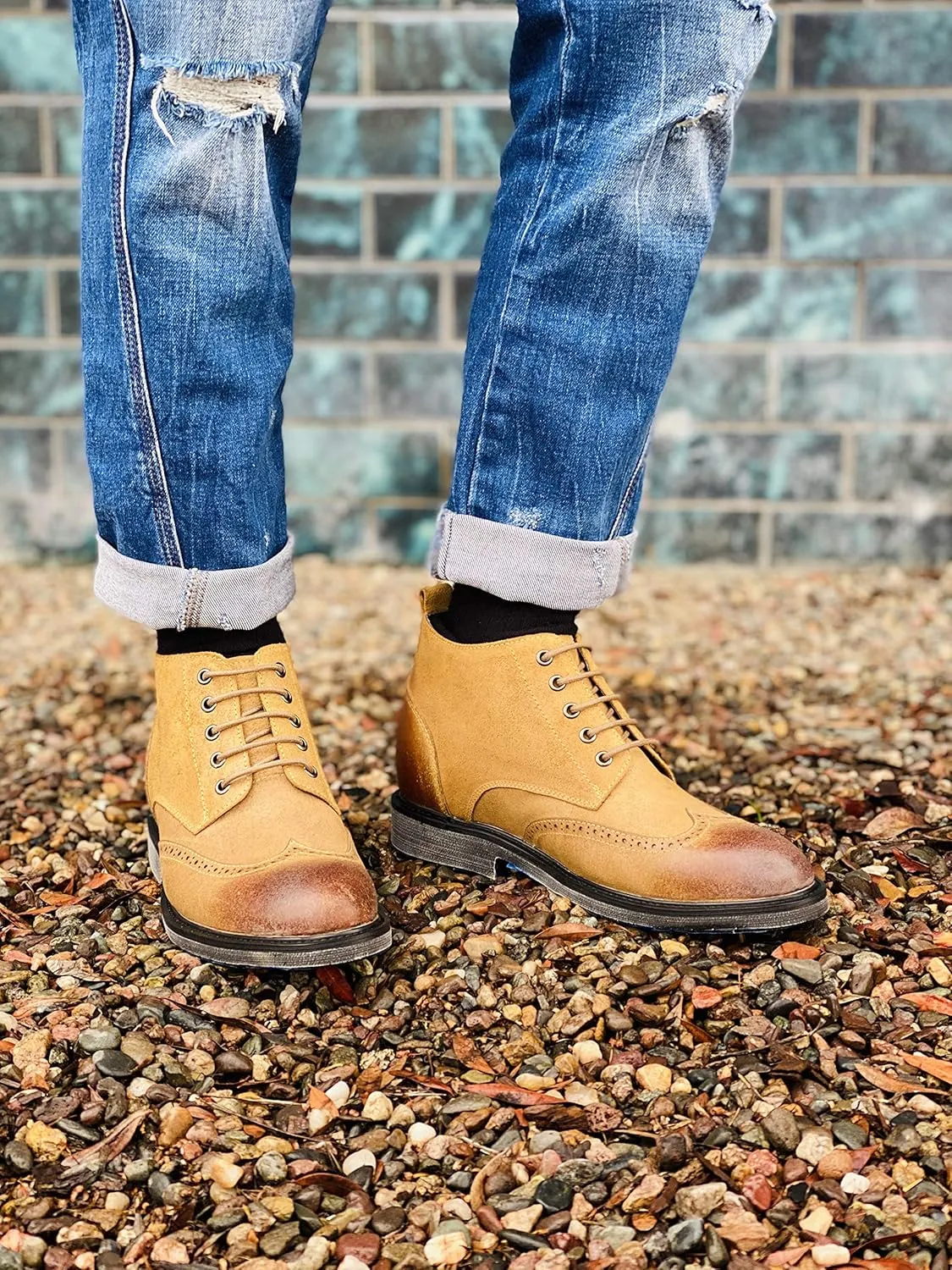 CALTO Men's Invisible Height Increasing Elevator Shoes - Light Brown Premium Leather Lace-up Lightweight Wing-tip Work Boots - 3 Inches Taller - S3652 - Size 8 D(M) US