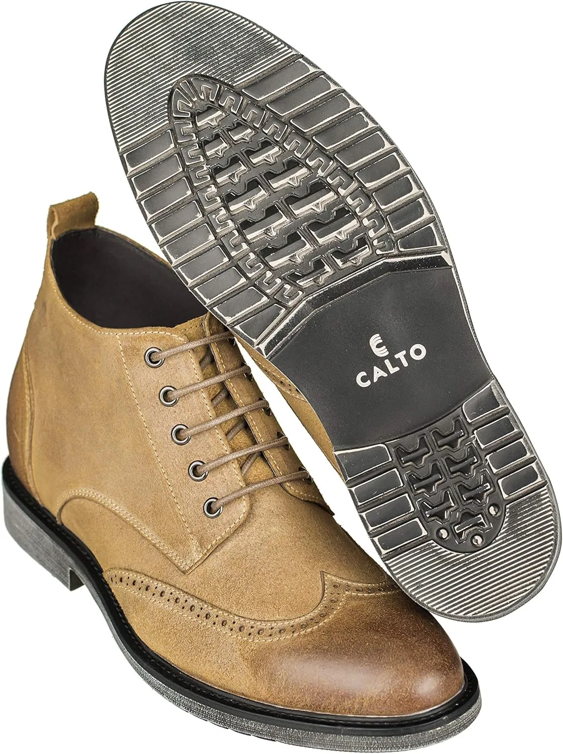 CALTO Men's Invisible Height Increasing Elevator Shoes - Light Brown Premium Leather Lace-up Lightweight Wing-tip Work Boots - 3 Inches Taller - S3652 - Size 8 D(M) US