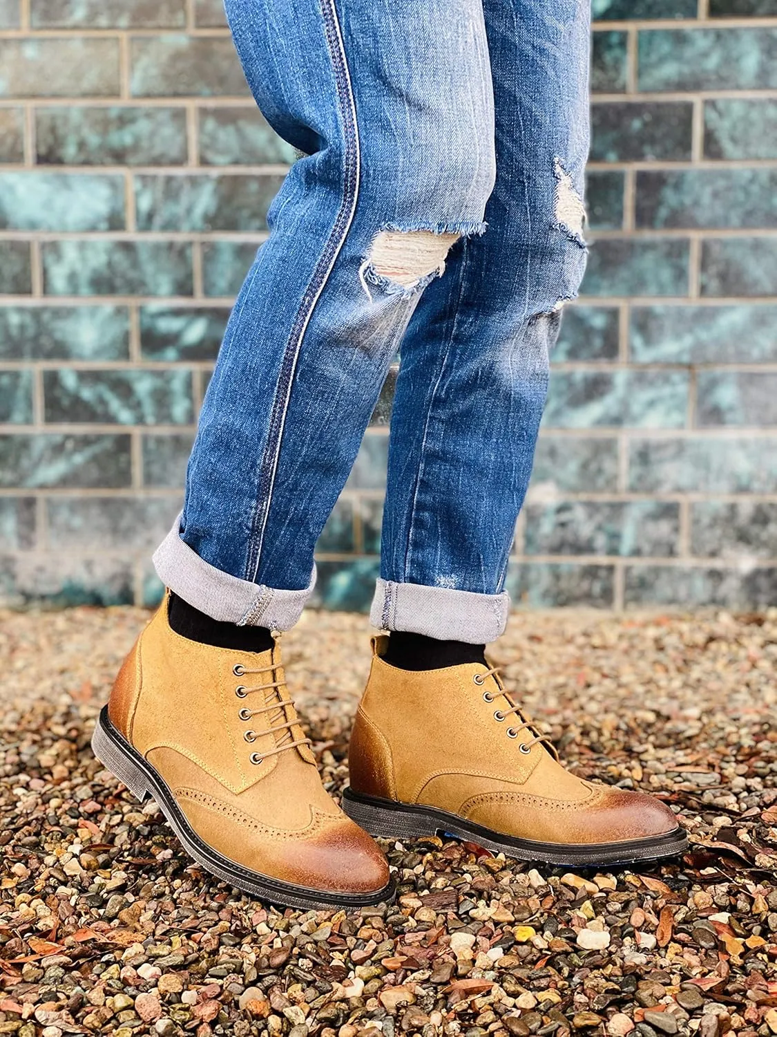 CALTO Men's Invisible Height Increasing Elevator Shoes - Light Brown Premium Leather Lace-up Lightweight Wing-tip Work Boots - 3 Inches Taller - S3652 - Size 8 D(M) US