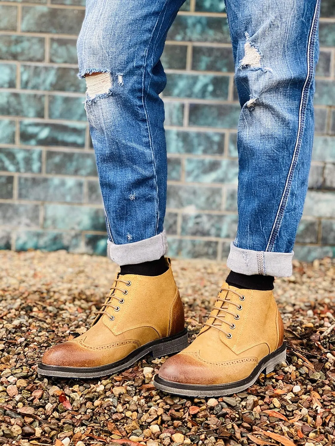 CALTO Men's Invisible Height Increasing Elevator Shoes - Light Brown Premium Leather Lace-up Lightweight Wing-tip Work Boots - 3 Inches Taller - S3652 - Size 8 D(M) US