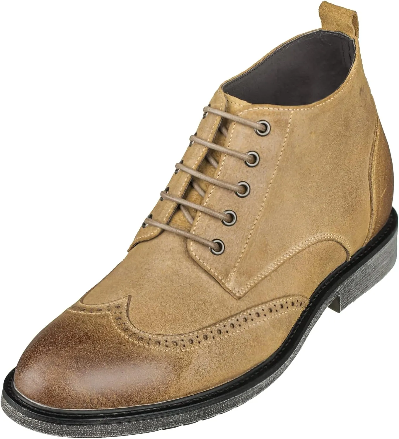 CALTO Men's Invisible Height Increasing Elevator Shoes - Light Brown Premium Leather Lace-up Lightweight Wing-tip Work Boots - 3 Inches Taller - S3652 - Size 8 D(M) US