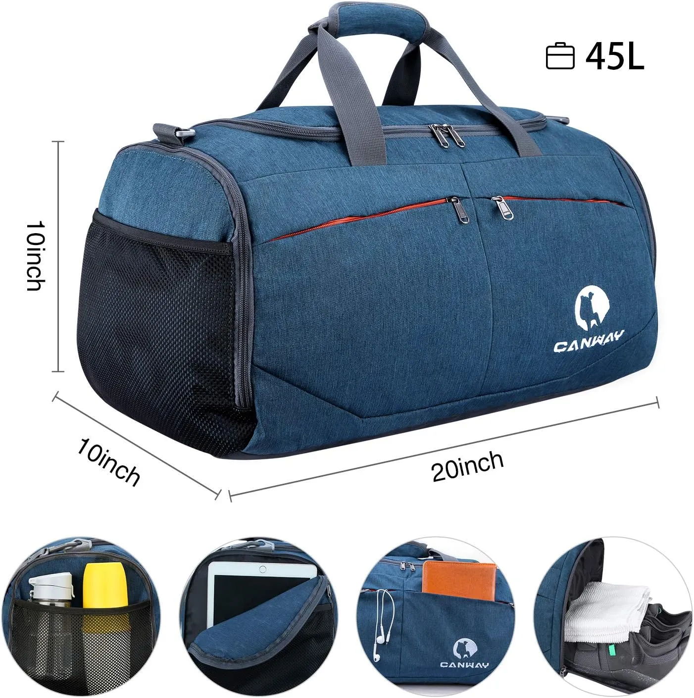 Canway Sports Gym Bag, Travel Duffel bag with Wet Pocket & Shoes Compartment for men women, 45L/40L, Lightweight