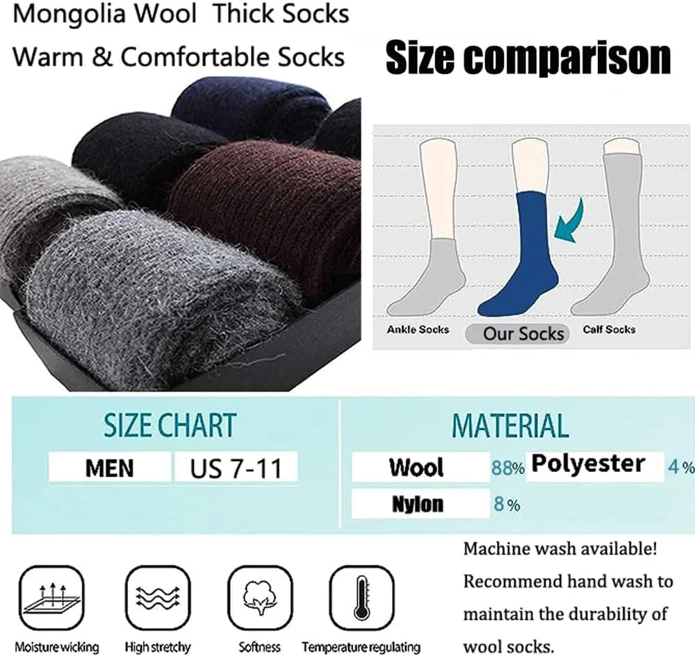 CHAO RAN Wool Cashmere Socks for Men Winter Warm Male Socks Thick Soft Dress Crew Socks 3 Pairs