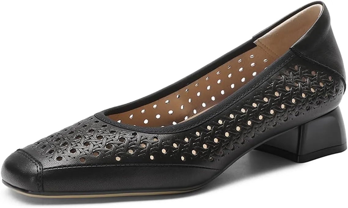 Chunky Block Low Heels for Women Square Closed Toe Comfortable Woven Slip on Casual Ballet Heels Pumps