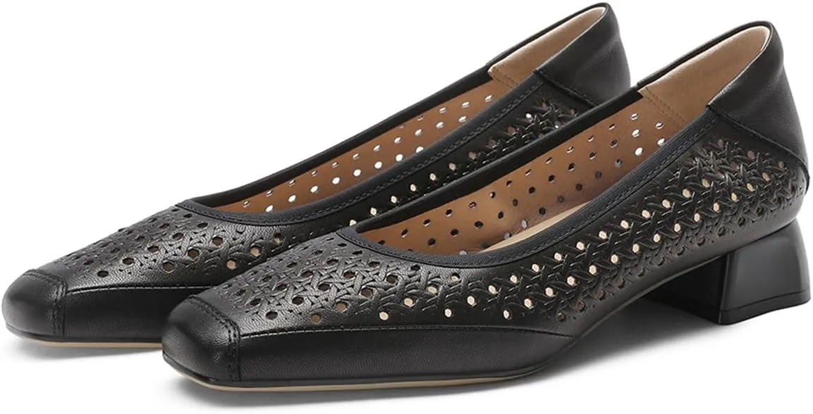 Chunky Block Low Heels for Women Square Closed Toe Comfortable Woven Slip on Casual Ballet Heels Pumps