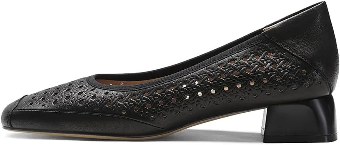 Chunky Block Low Heels for Women Square Closed Toe Comfortable Woven Slip on Casual Ballet Heels Pumps