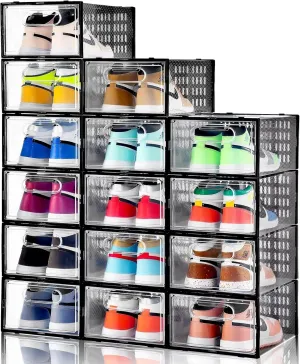 Clemate 15 Pack Shoe Storage Boxes, Clear Plastic Stackable Shoe Organizer for Closet, Shoe Box with Magnetic Door, Foldable Shoe Storage Bin, Sneaker Storage Box Shoe Rack Container Holder, Size 11
