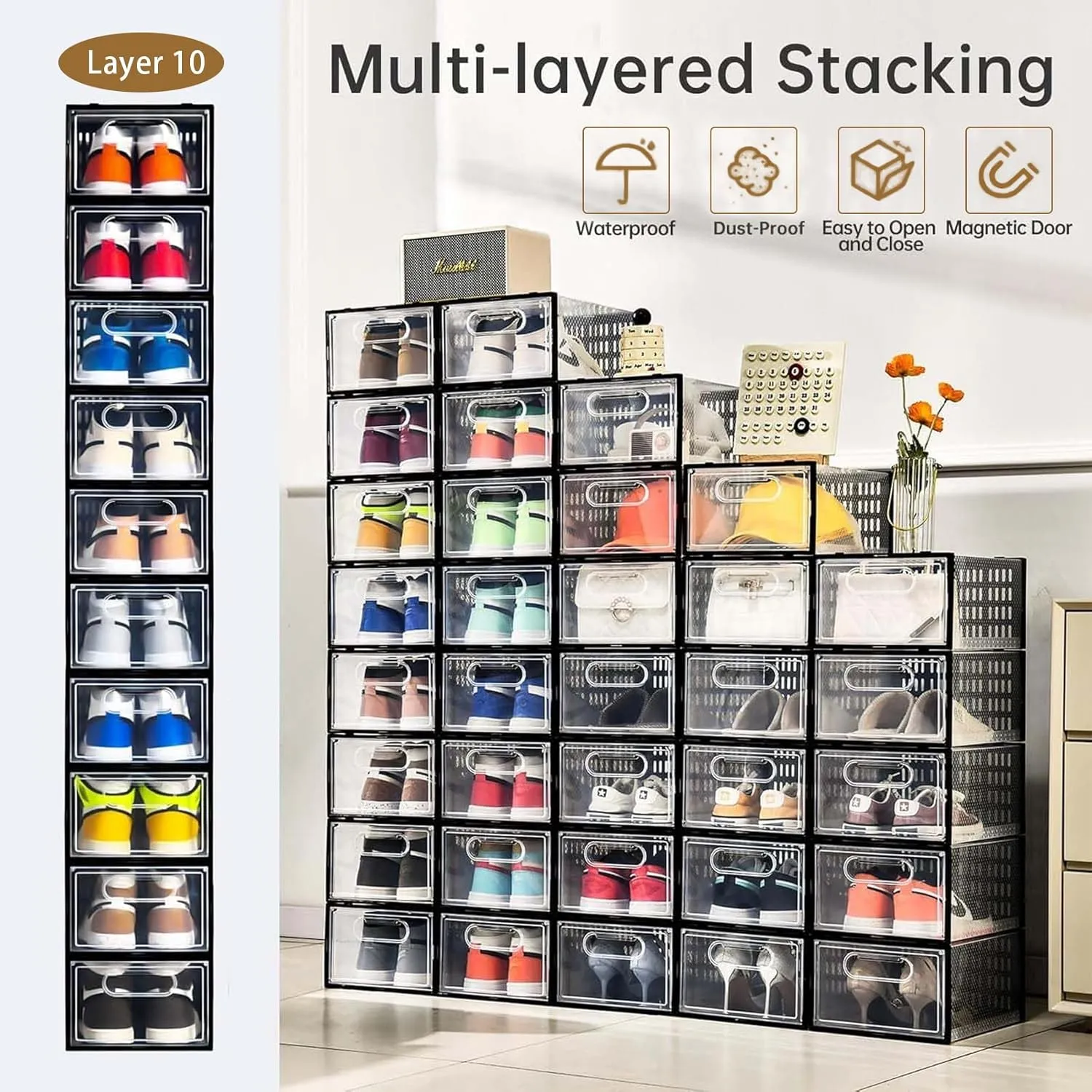 Clemate 15 Pack Shoe Storage Boxes, Clear Plastic Stackable Shoe Organizer for Closet, Shoe Box with Magnetic Door, Foldable Shoe Storage Bin, Sneaker Storage Box Shoe Rack Container Holder, Size 11