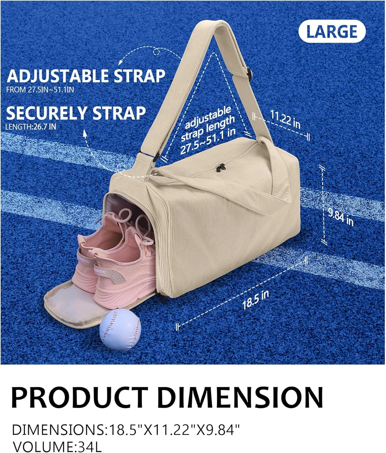 Corduroy Large Gym Bag for Women with Shoes Compartment, Stylish Duffle Travel Bag for Plane, Lightweight Duffle Bag for Women & Men, Sport Gym Tote Bag with Wet Pocket