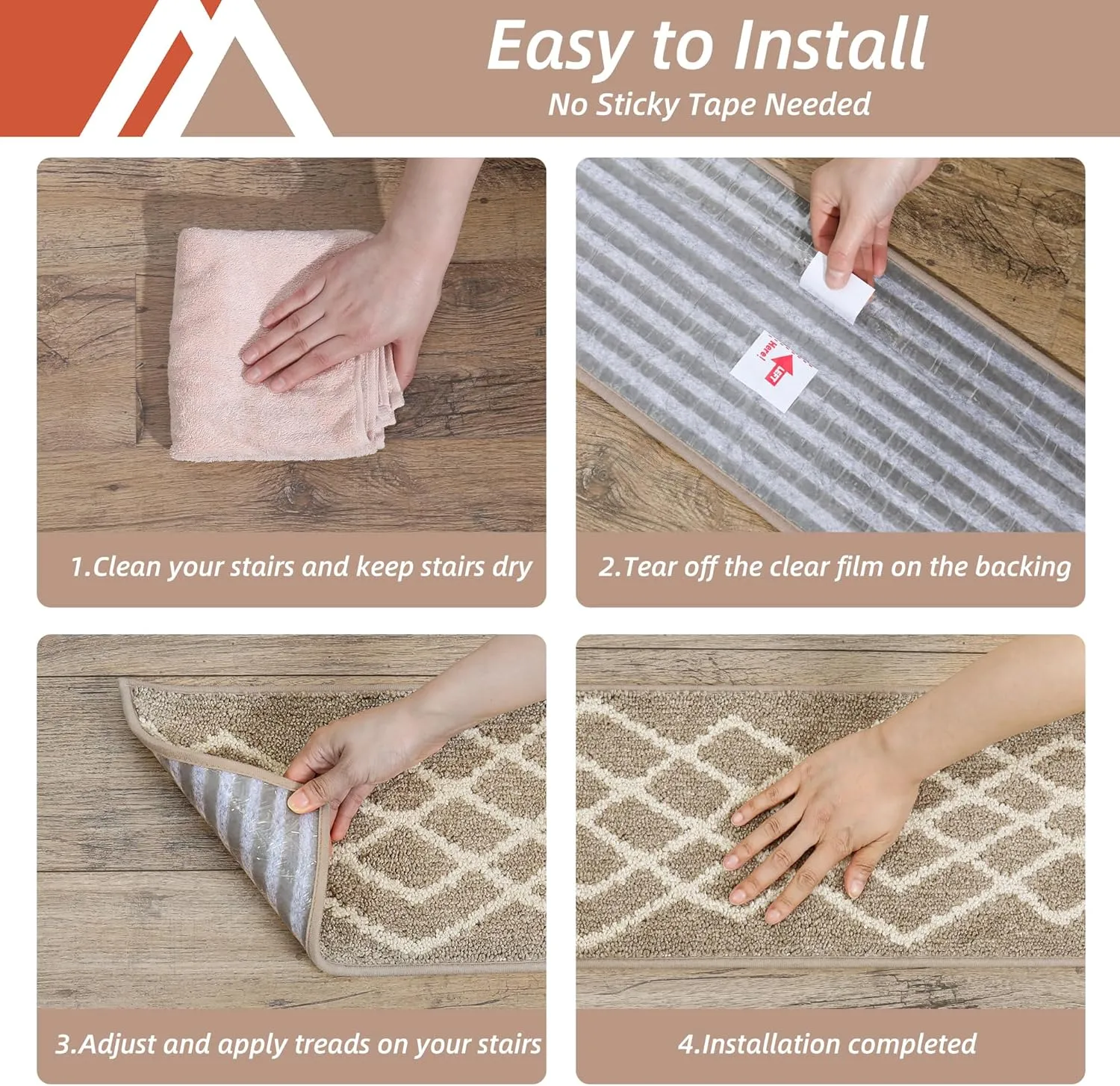COSY HOMEER Soft Stair Treads 15pcs Non-Slip Carpet Mat 28inX9in Indoor Stair Runners for Wooden Steps,Stair Rugs for Kids and Dogs, 100% Polyester TPE Backing Beige,Rhombus
