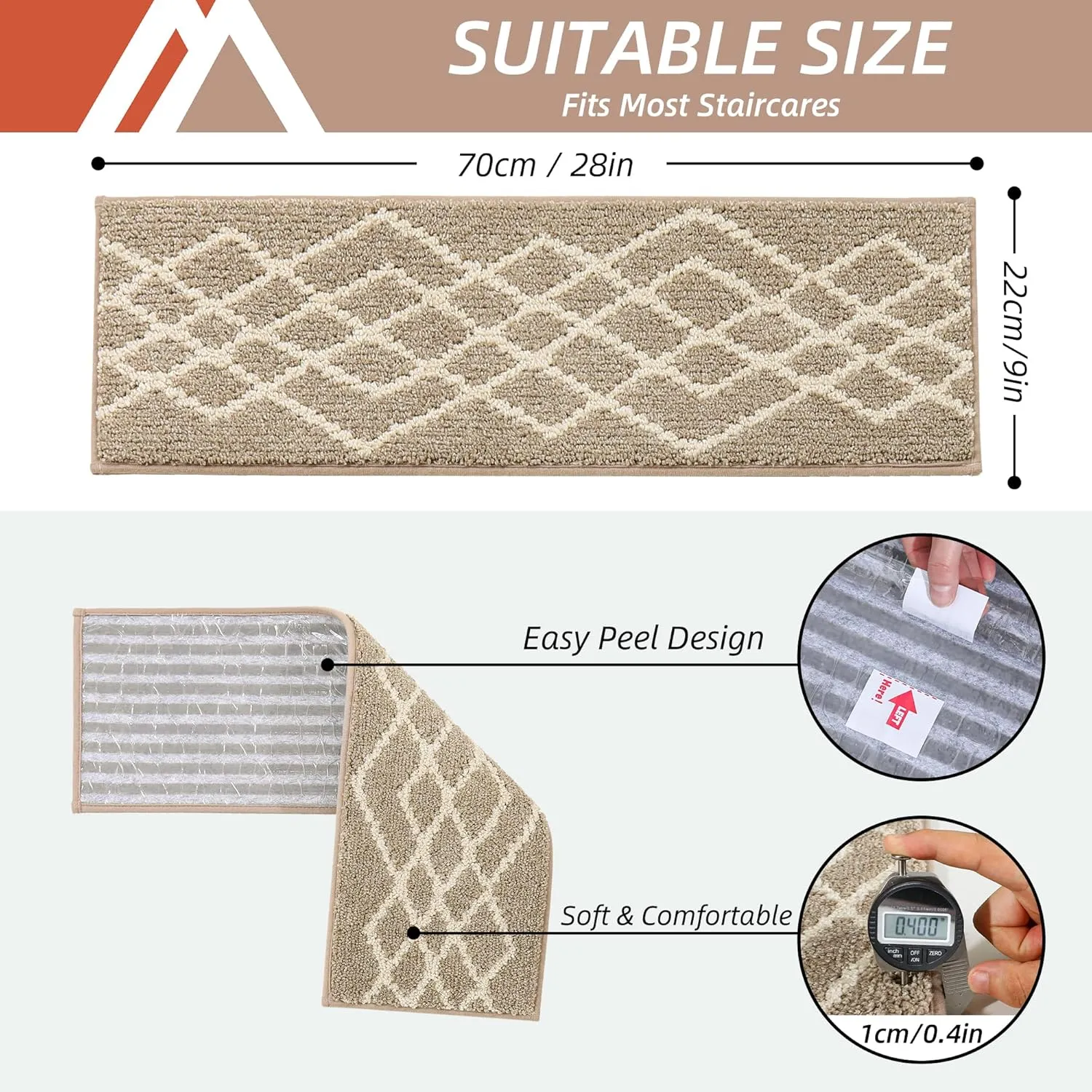 COSY HOMEER Soft Stair Treads 15pcs Non-Slip Carpet Mat 28inX9in Indoor Stair Runners for Wooden Steps,Stair Rugs for Kids and Dogs, 100% Polyester TPE Backing Beige,Rhombus