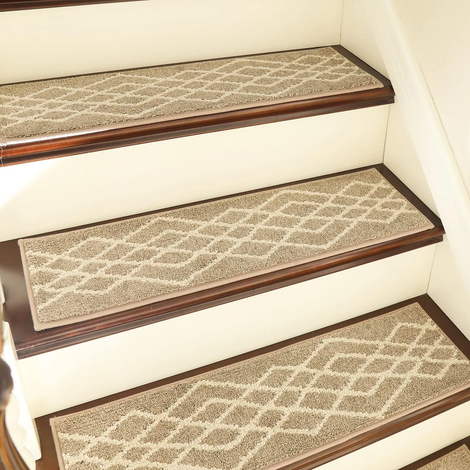 COSY HOMEER Soft Stair Treads 15pcs Non-Slip Carpet Mat 28inX9in Indoor Stair Runners for Wooden Steps,Stair Rugs for Kids and Dogs, 100% Polyester TPE Backing Beige,Rhombus
