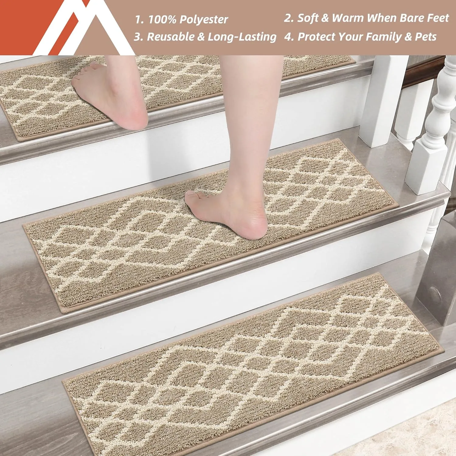 COSY HOMEER Soft Stair Treads 15pcs Non-Slip Carpet Mat 28inX9in Indoor Stair Runners for Wooden Steps,Stair Rugs for Kids and Dogs, 100% Polyester TPE Backing Beige,Rhombus
