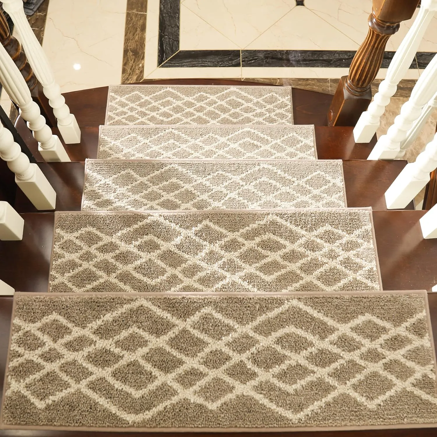 COSY HOMEER Soft Stair Treads 15pcs Non-Slip Carpet Mat 28inX9in Indoor Stair Runners for Wooden Steps,Stair Rugs for Kids and Dogs, 100% Polyester TPE Backing Beige,Rhombus