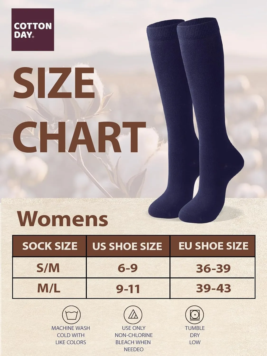 COTTON DAY Women's Soft Combed Cotton Knee High Long Calf Dress Socks Seamless Toe Black White Gray Navy Blue Brown