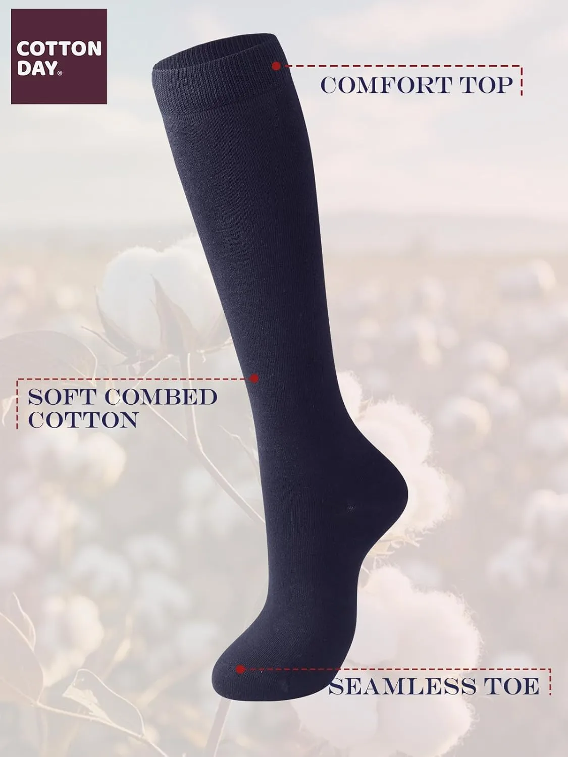 COTTON DAY Women's Soft Combed Cotton Knee High Long Calf Dress Socks Seamless Toe Black White Gray Navy Blue Brown