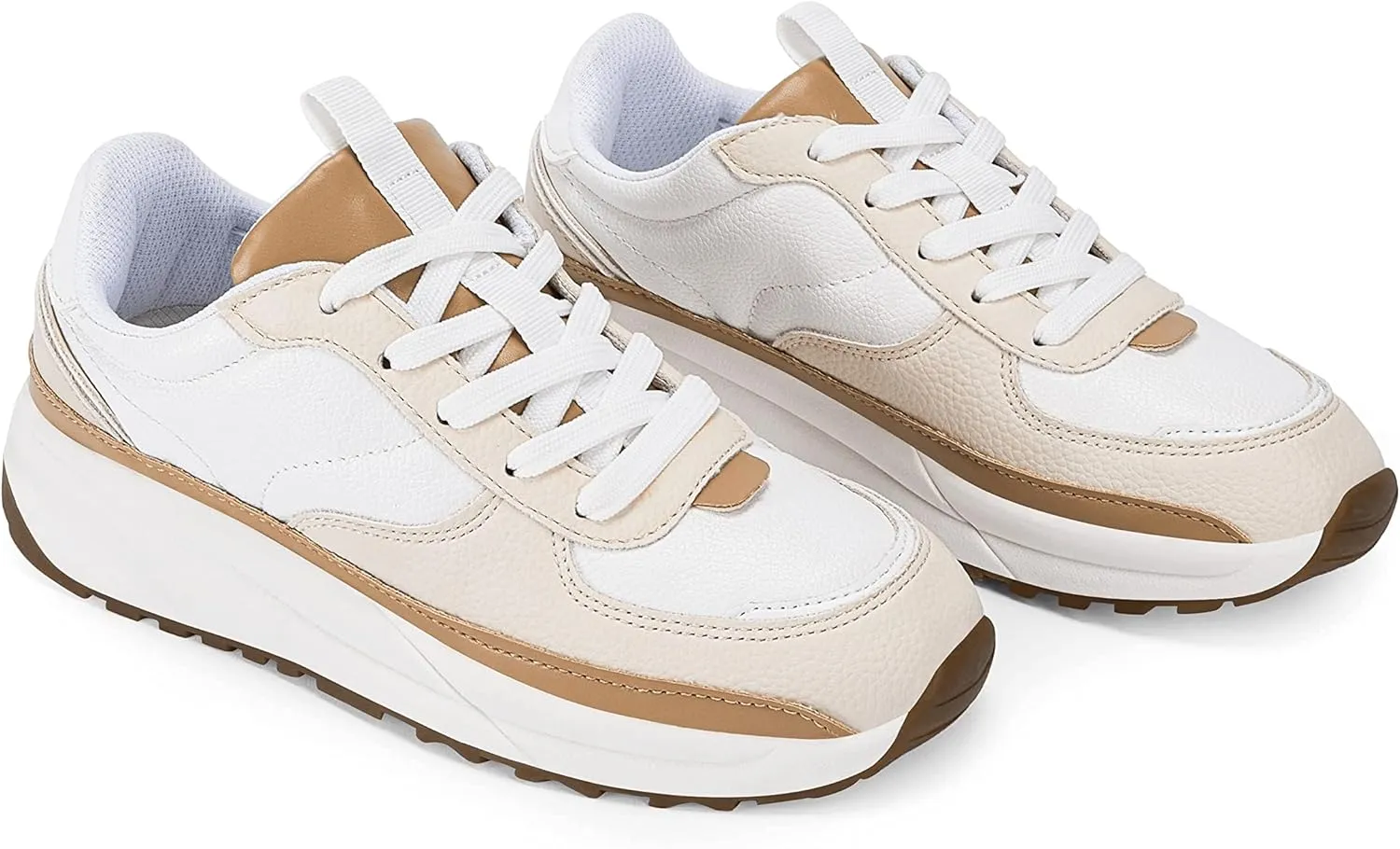 Coutgo Womens Lace Up Platform Sneakers Trendy Athletic Tennis Faux Leather Suede Neutral Comfortable Walking Shoes