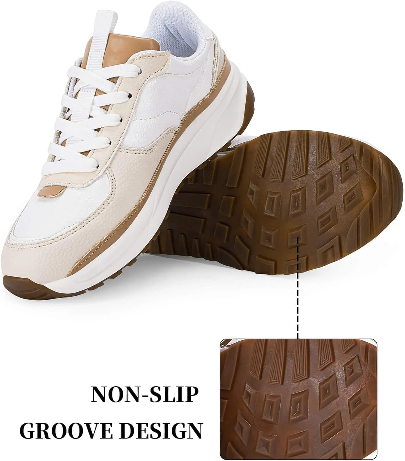 Coutgo Womens Lace Up Platform Sneakers Trendy Athletic Tennis Faux Leather Suede Neutral Comfortable Walking Shoes