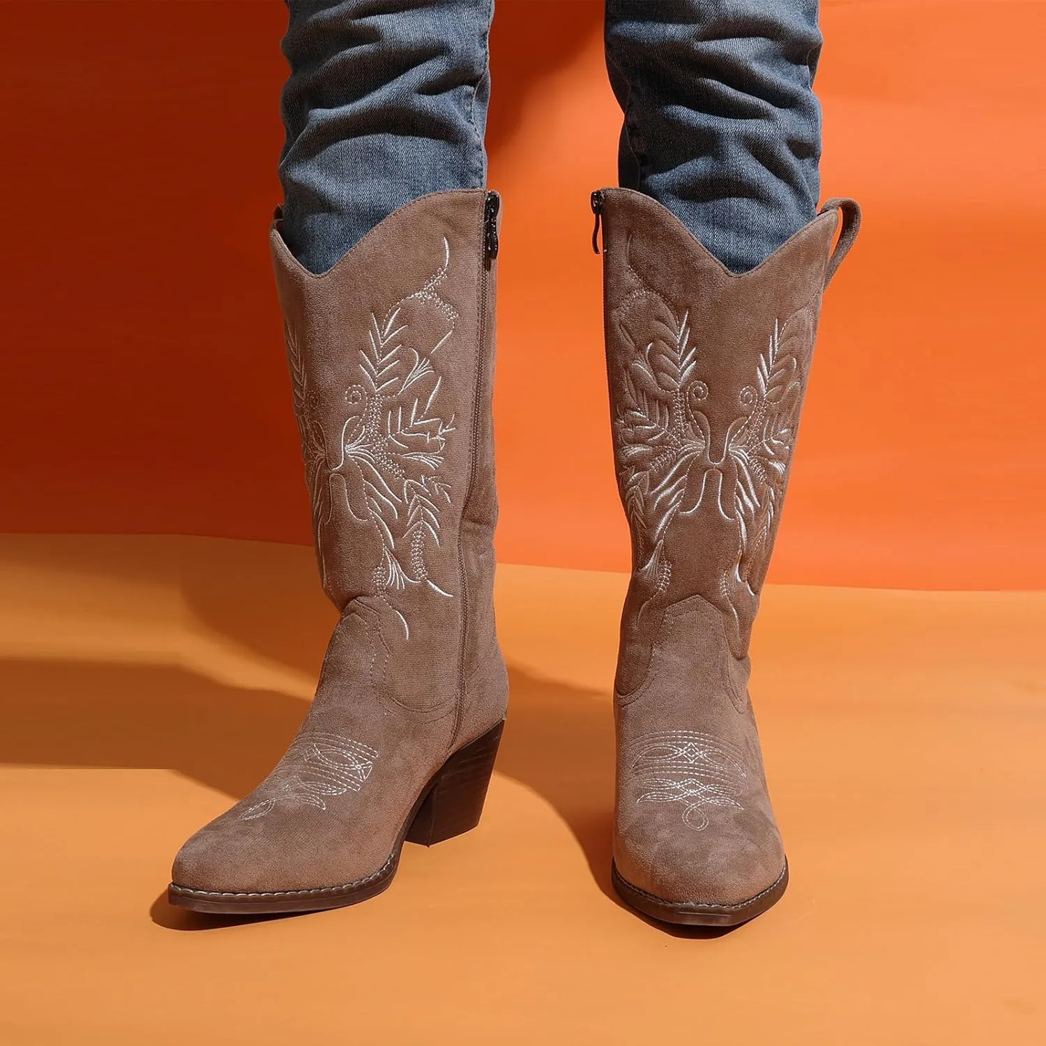 Cowboy Boots for Women Classic Embroidered Pointy Toe Cowgirl Boot, Western Mid Calf Side Zipper Chunky Heel Cowgirl Boots