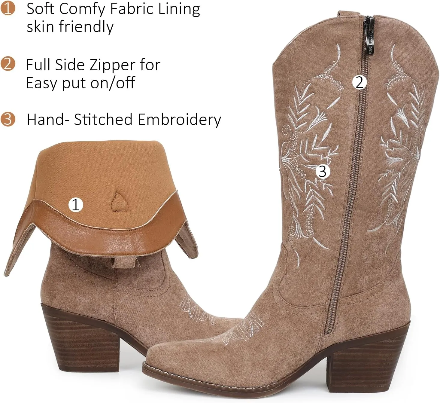 Cowboy Boots for Women Classic Embroidered Pointy Toe Cowgirl Boot, Western Mid Calf Side Zipper Chunky Heel Cowgirl Boots