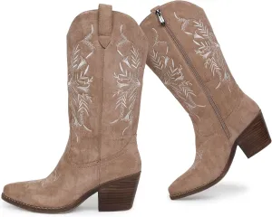 Cowboy Boots for Women Classic Embroidered Pointy Toe Cowgirl Boot, Western Mid Calf Side Zipper Chunky Heel Cowgirl Boots