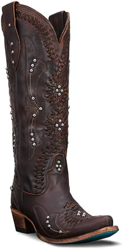 Cowboy Boots for Women, Knee High Western Cowgirl Boots Pointed Toe Chunky Heel Pull on Zipper Fashion Vintage Tall Shoes