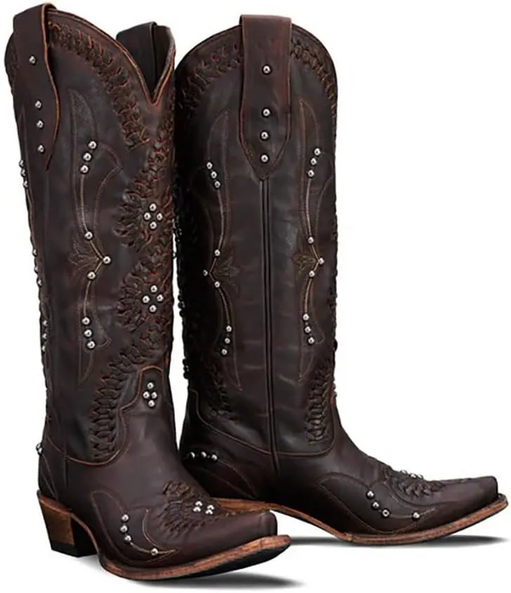 Cowboy Boots for Women, Knee High Western Cowgirl Boots Pointed Toe Chunky Heel Pull on Zipper Fashion Vintage Tall Shoes