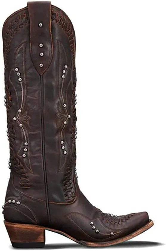 Cowboy Boots for Women, Knee High Western Cowgirl Boots Pointed Toe Chunky Heel Pull on Zipper Fashion Vintage Tall Shoes