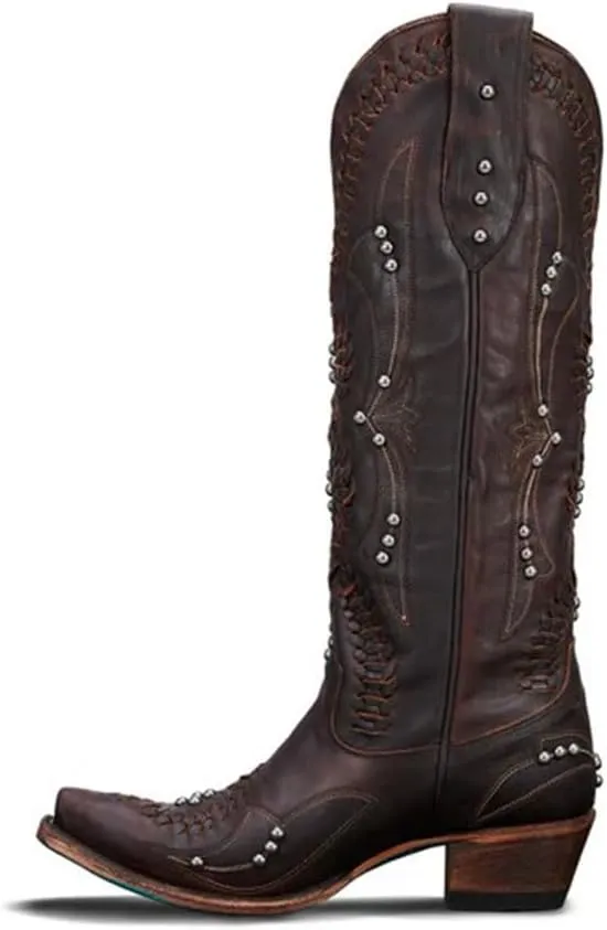 Cowboy Boots for Women, Knee High Western Cowgirl Boots Pointed Toe Chunky Heel Pull on Zipper Fashion Vintage Tall Shoes