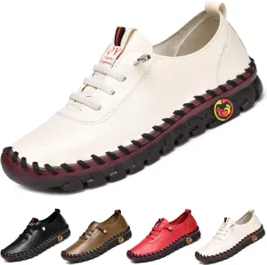 CrazySavage Women's Leather Soft Beef Tendon Flat Bottom Loafers Slip-on Handmade Round Toe Non-Slip Breathable Mom Leisure Walk Shoes