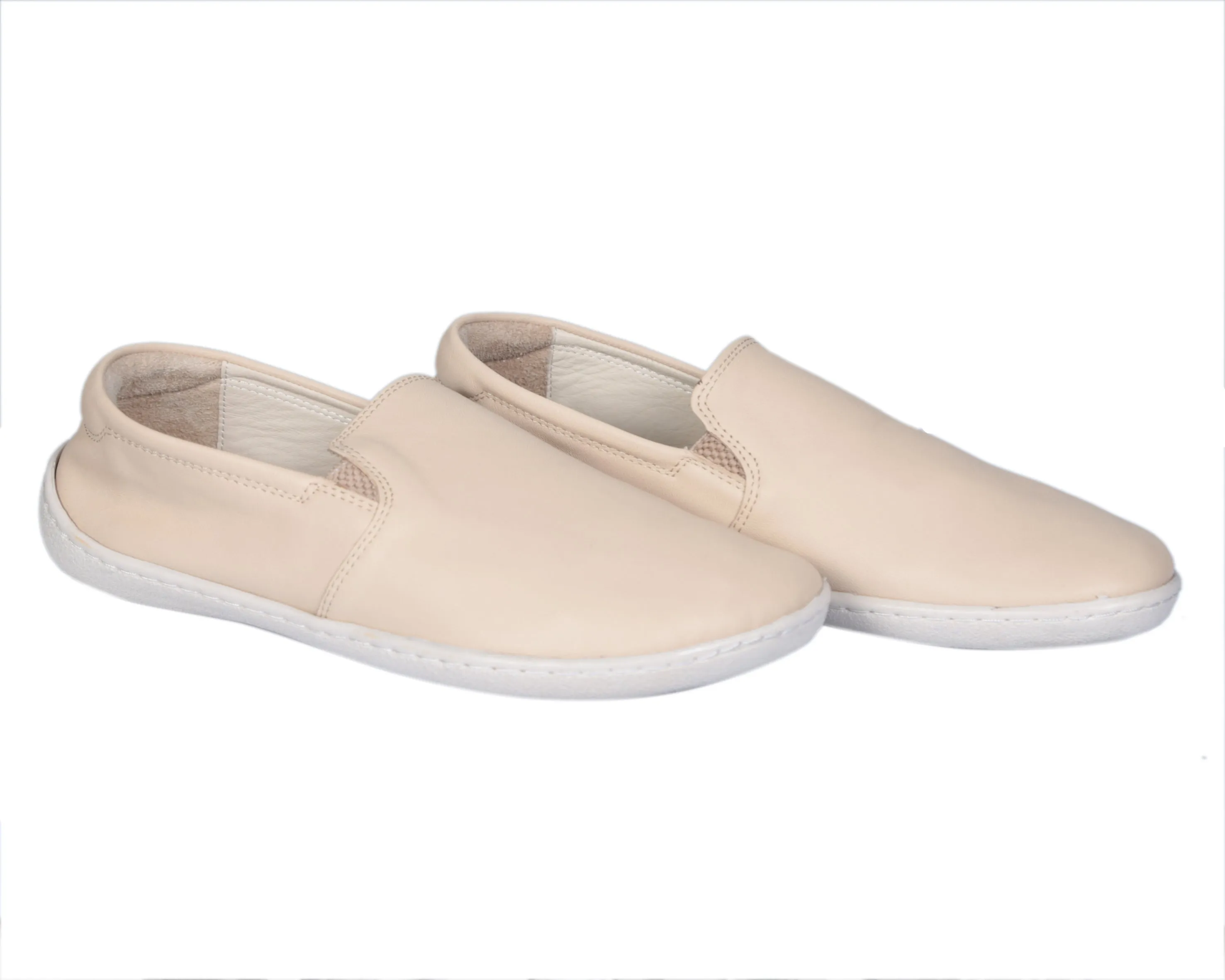 Cream Slip-On Wide Barefoot Shoes Smooth Leather Handmade 6mm Rubber Outsole