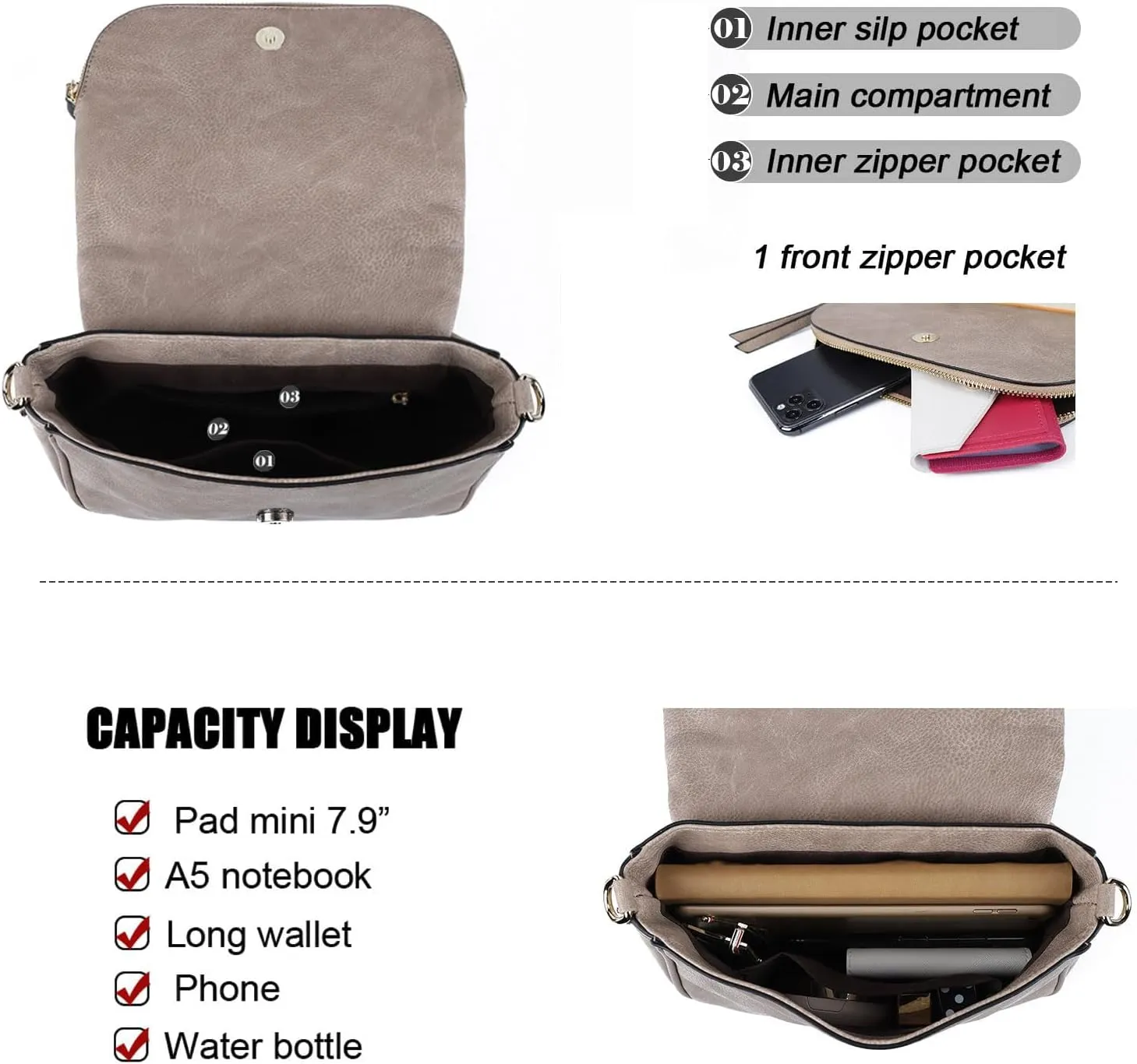Crossbody Bags for Women Small Pu Leather Over the Shoulder Purses and Flap Cross Body Handbags with Multi Pockets