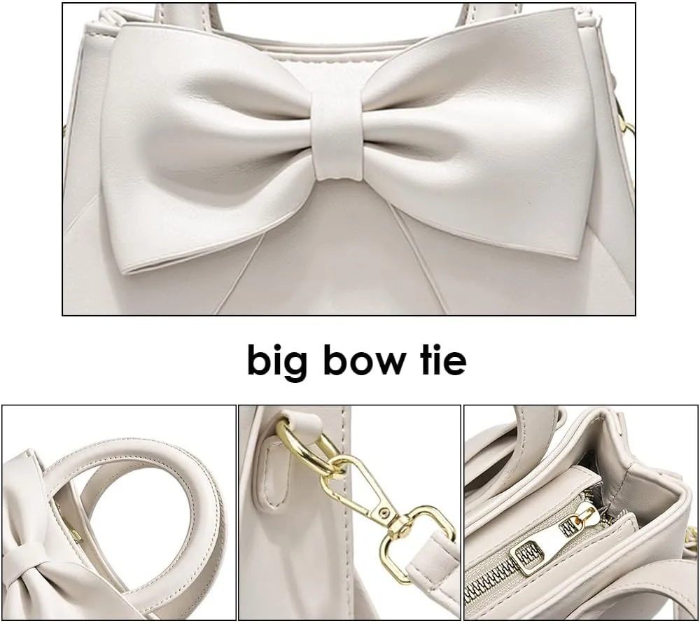 Cute Big Bow Top-handle Purse for Women Vegan Leather Shoulder Handbag Soft Work Shopper Crossbody Satchel