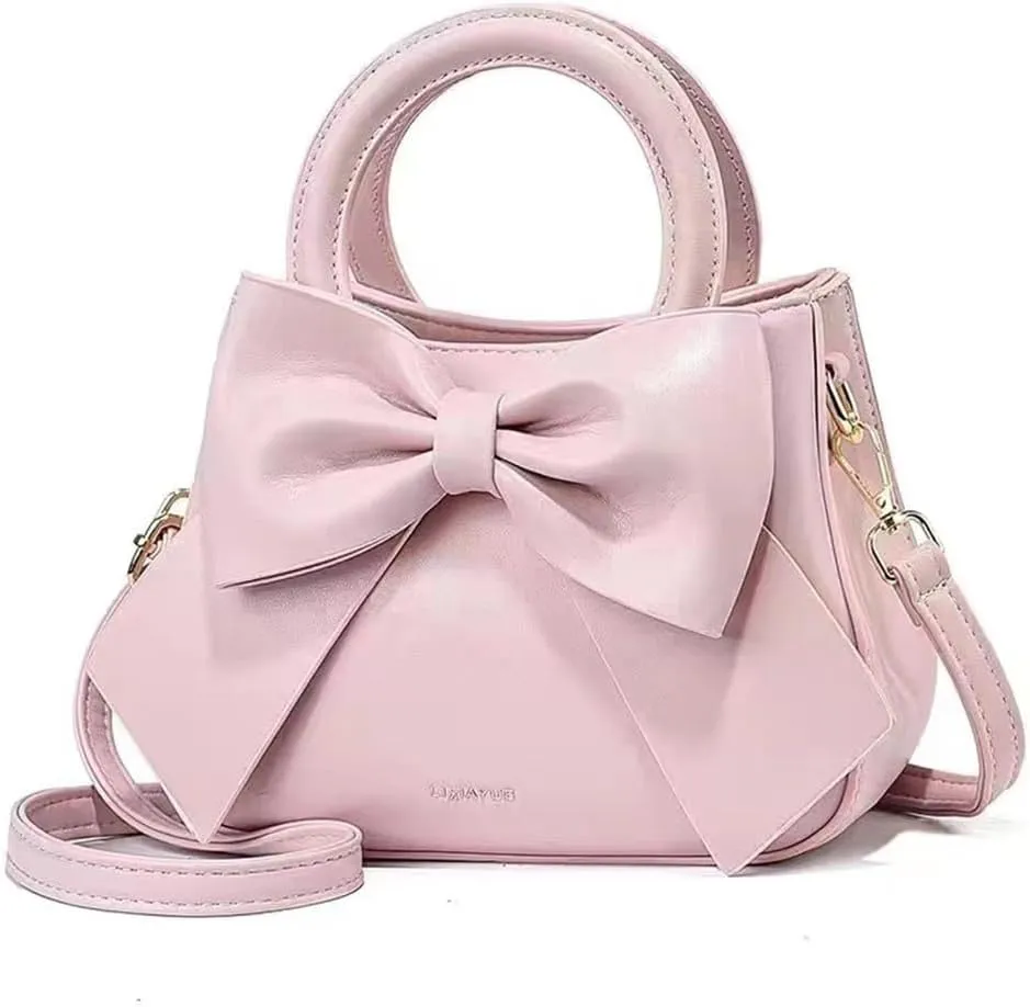 Cute Big Bow Top-handle Purse for Women Vegan Leather Shoulder Handbag Soft Work Shopper Crossbody Satchel