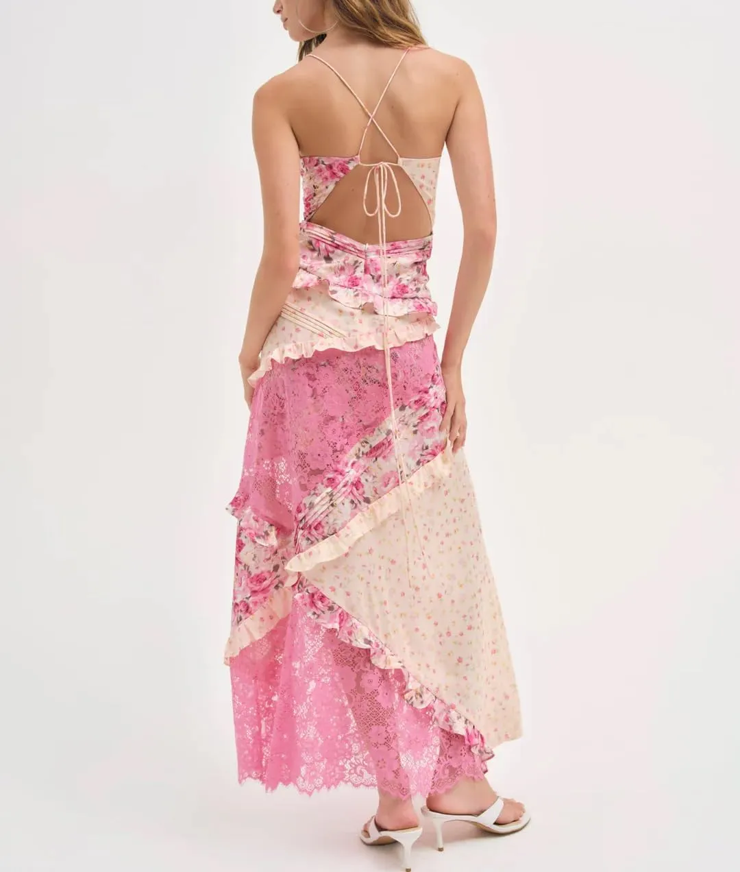 Cute Floral Long Sundresses for Women Boho Smocked Spaghetti Strap Dress Y2k Flowy Beach Ruffle Backless Maxi Dress