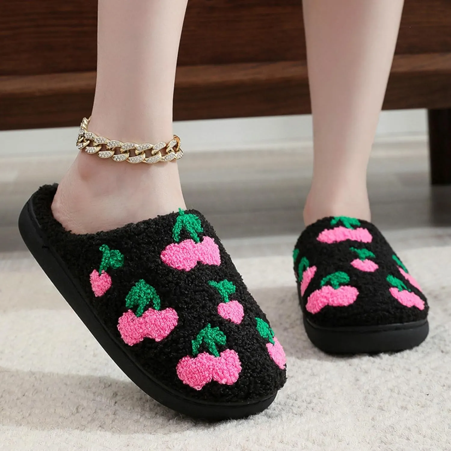 Cute Strawberry Pattern Women's Bedroom Slippers - Warm, Soft, Fuzzy, Non-Slip