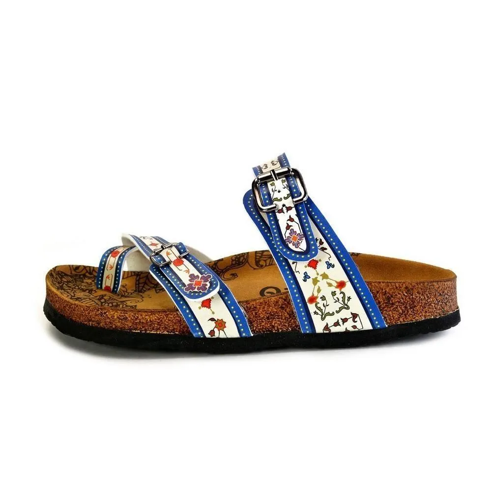 Dark Blue, Black and Cream Banded, Mosaic Color Flowers Patterned Sandal - CAL1015