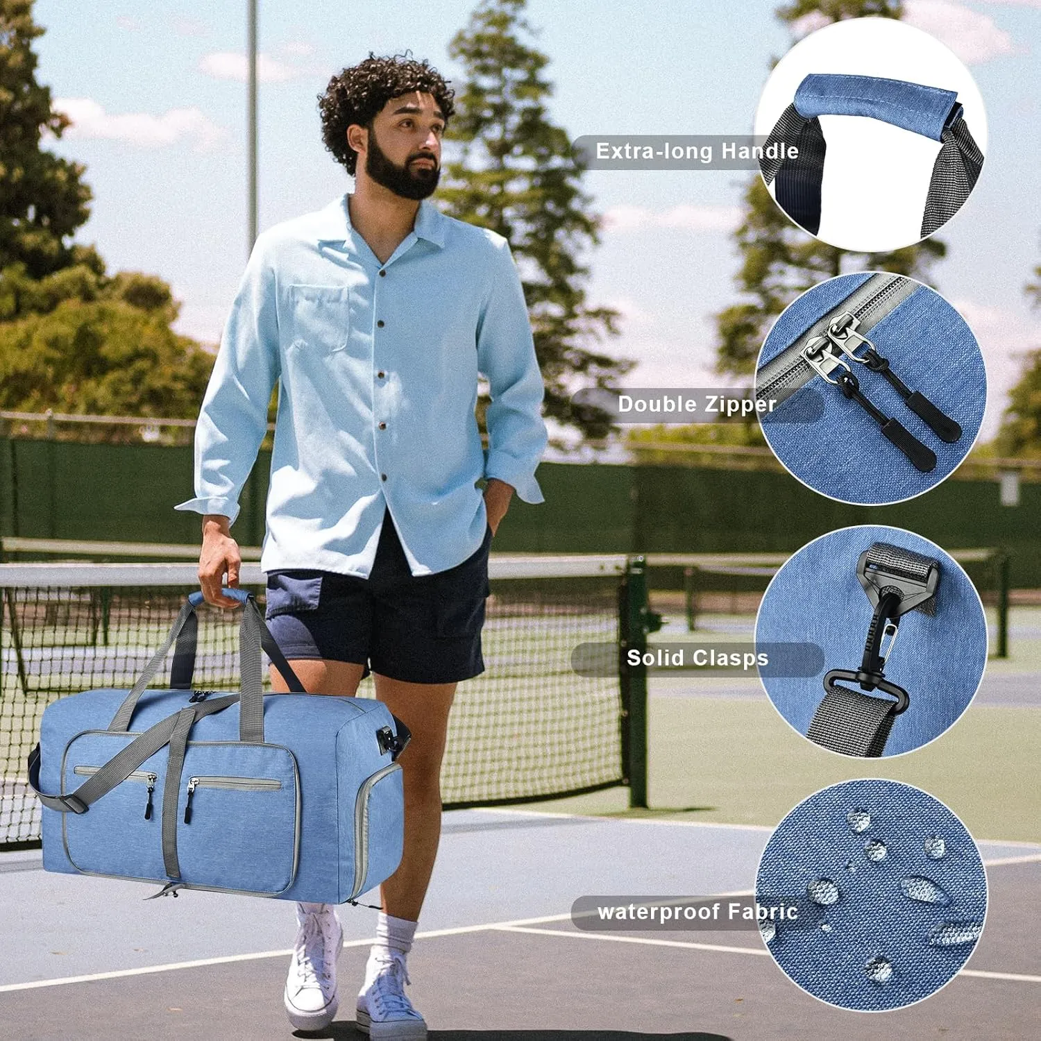 Dimayar 65L Travel Duffle Bag for Men Women - Foldable Duffel Bag with Shoes Compartment - Overnight Bags Waterproof & Tear Resistant(Blue)