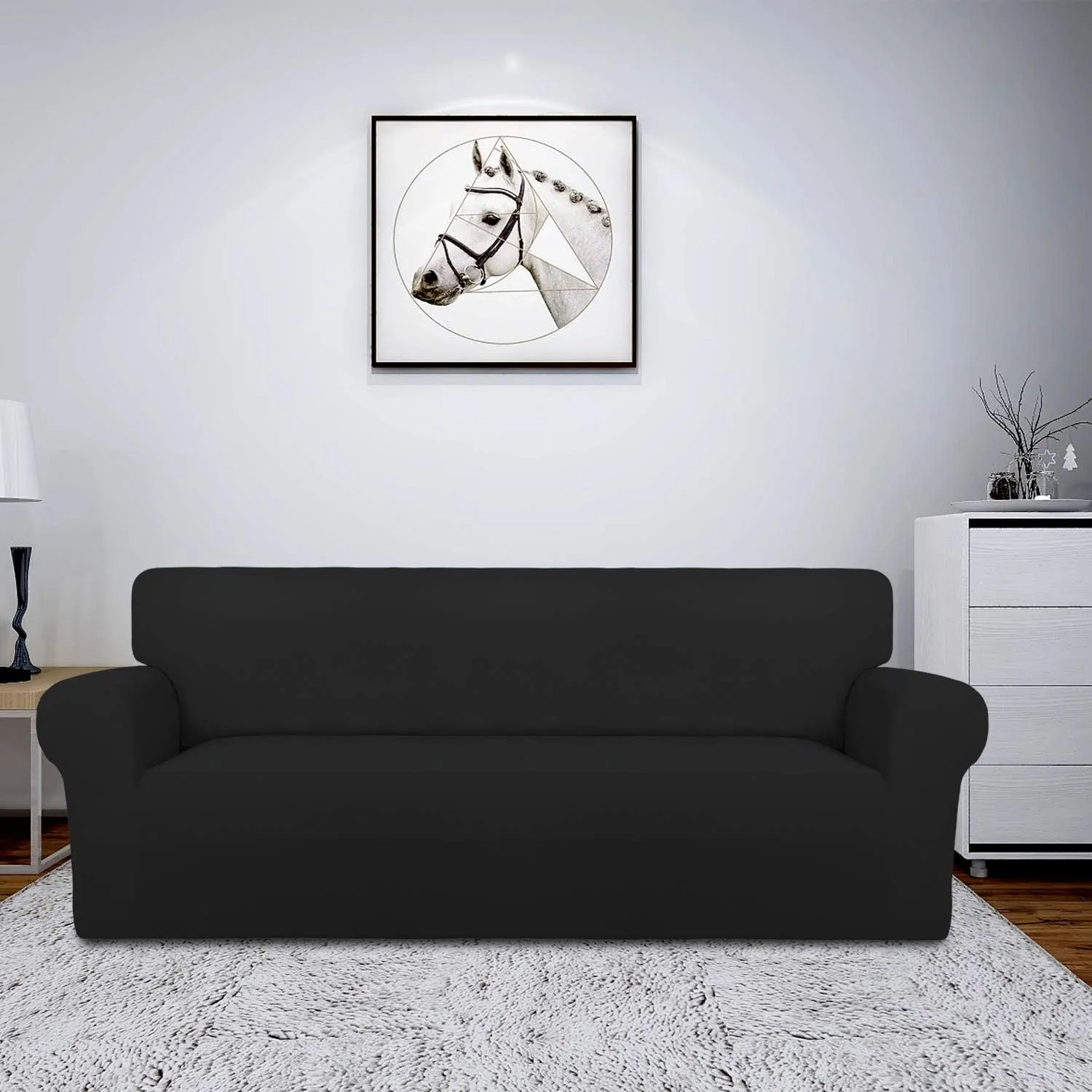 Easy-Going Fleece Stretch Sofa Slipcover Spandex Non-Slip Soft Couch Sofa Cover, Washable Furniture Protector with Anti-Skid Foam and Elastic Bottom for Kids, Pets(Sofa, Black)