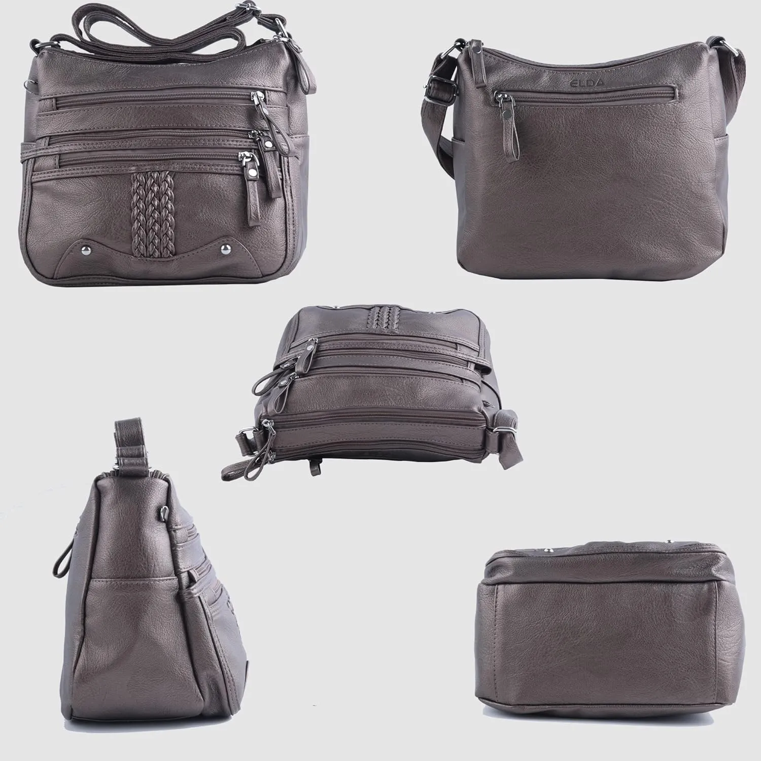ELDA 10 Pockets Crossbody Purse for Women Medium Pocketbooks Ladies Soft PU Leather Shoulder Bag Ladies Top Handle Satchel