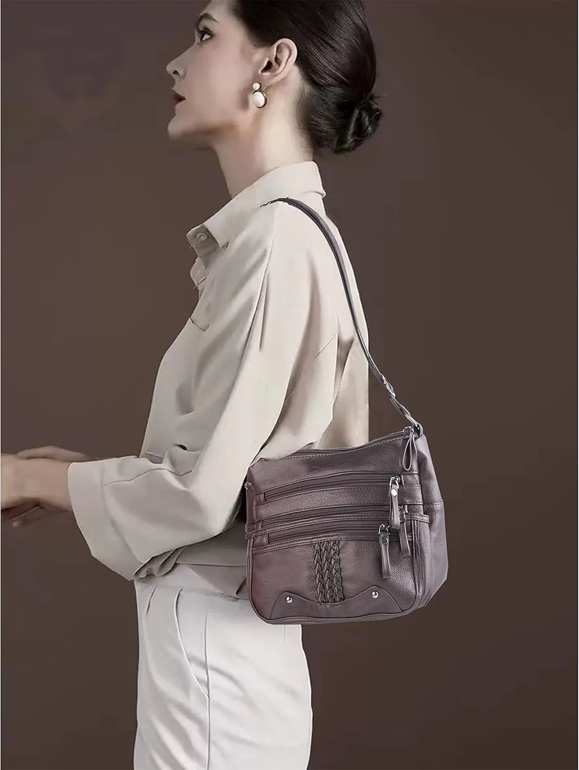 ELDA 10 Pockets Crossbody Purse for Women Medium Pocketbooks Ladies Soft PU Leather Shoulder Bag Ladies Top Handle Satchel