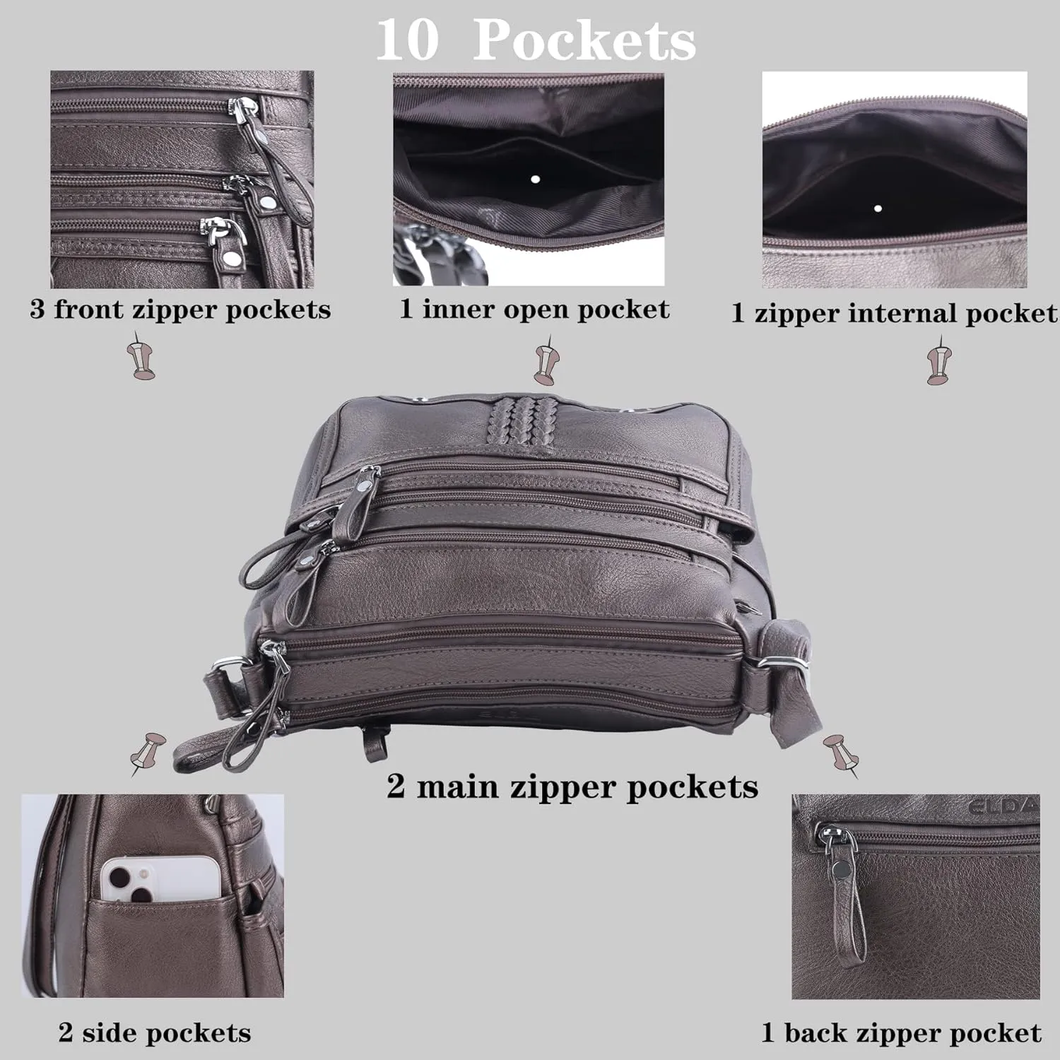 ELDA 10 Pockets Crossbody Purse for Women Medium Pocketbooks Ladies Soft PU Leather Shoulder Bag Ladies Top Handle Satchel