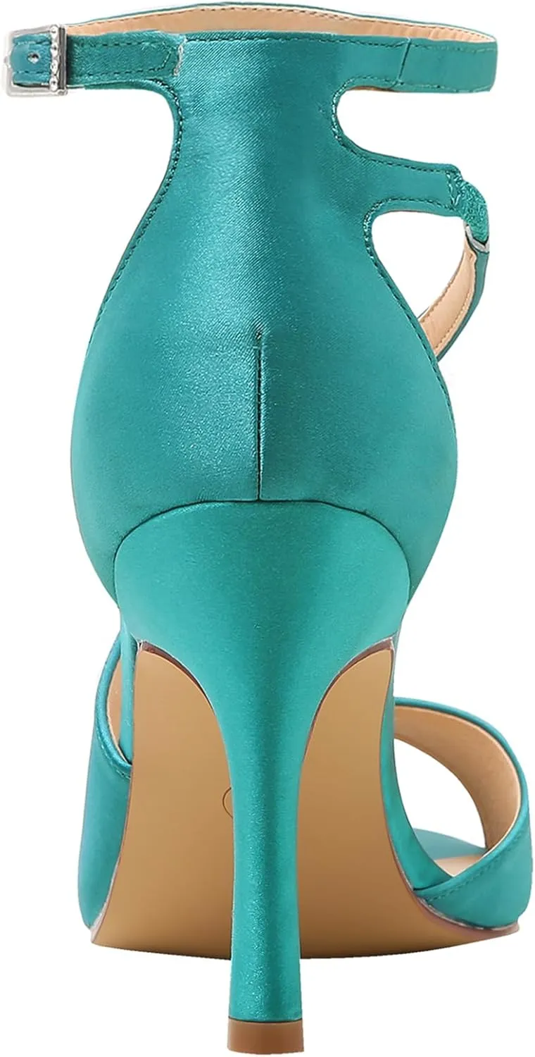ELEGANTPARK High Heel Sandals for Women Peep Toe Ankle Straps Sandals Buckle Satin Evening Party Prom Wedding Bridal Shoes
